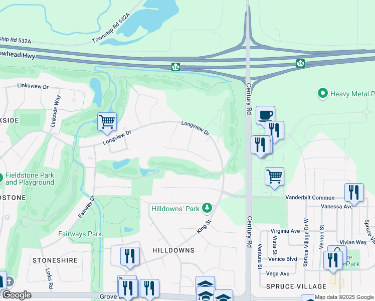 map of restaurants, bars, coffee shops, grocery stores, and more near Lincoln Green in Spruce Grove