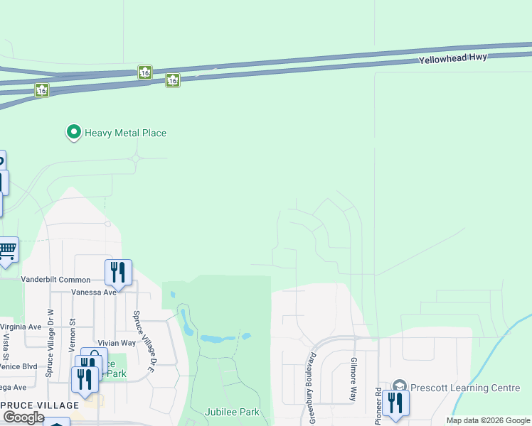 map of restaurants, bars, coffee shops, grocery stores, and more near George Street in Spruce Grove