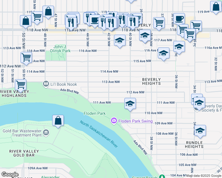 map of restaurants, bars, coffee shops, grocery stores, and more near 112 42 Street Northwest in Edmonton