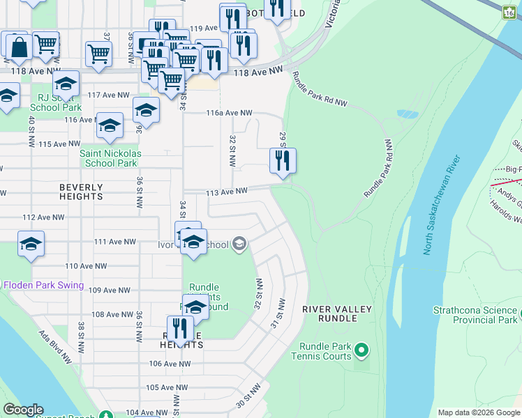 map of restaurants, bars, coffee shops, grocery stores, and more near 31 112 Avenue Northwest in Edmonton