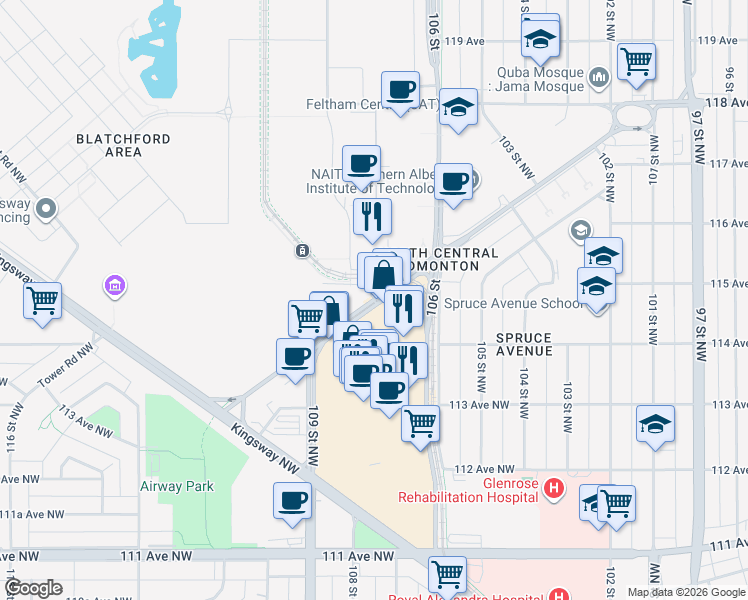 map of restaurants, bars, coffee shops, grocery stores, and more near 10644 109 Street Northwest in Edmonton