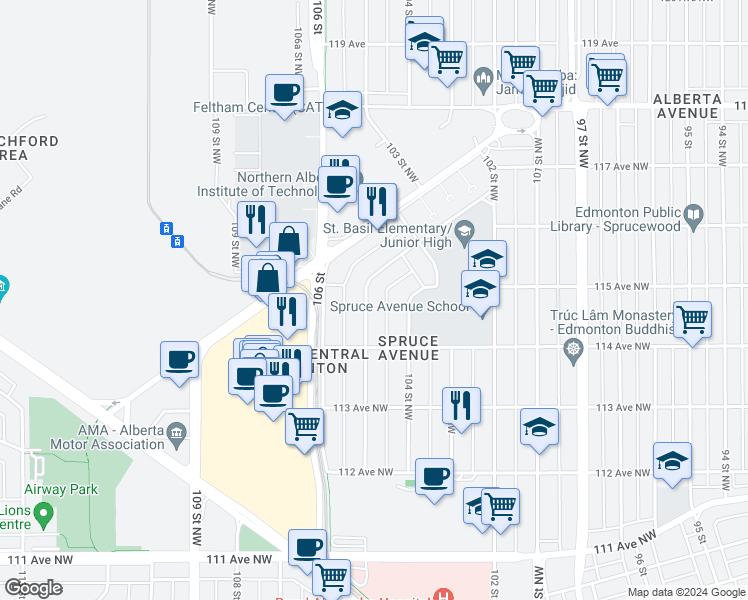 map of restaurants, bars, coffee shops, grocery stores, and more near 12013 105 Street Northwest in Edmonton