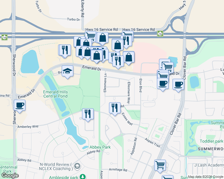 map of restaurants, bars, coffee shops, grocery stores, and more near 8012 Ellesmere Lane in Sherwood Park