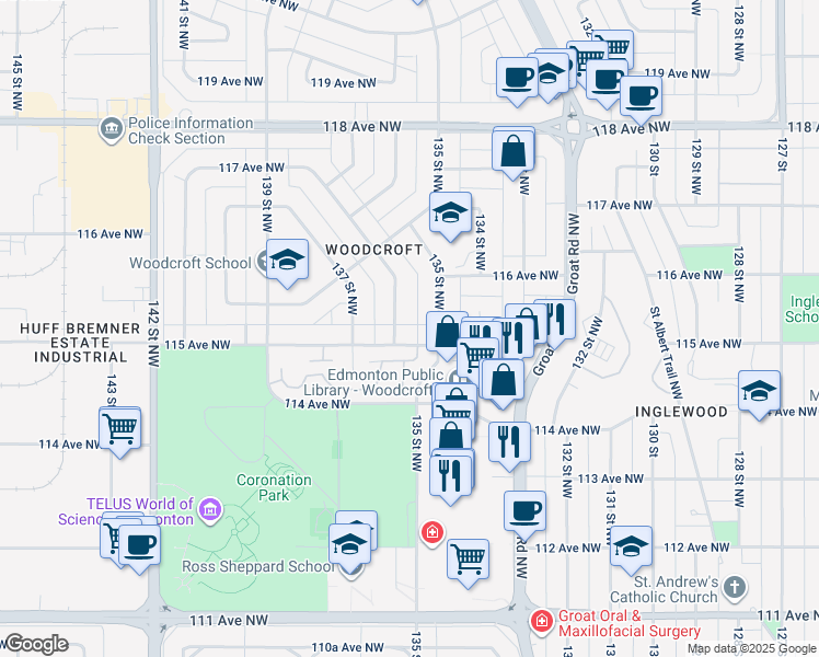 map of restaurants, bars, coffee shops, grocery stores, and more near 13519 115 Avenue Northwest in Edmonton