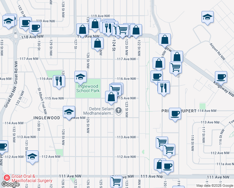 map of restaurants, bars, coffee shops, grocery stores, and more near 12307 115 Avenue Northwest in Edmonton