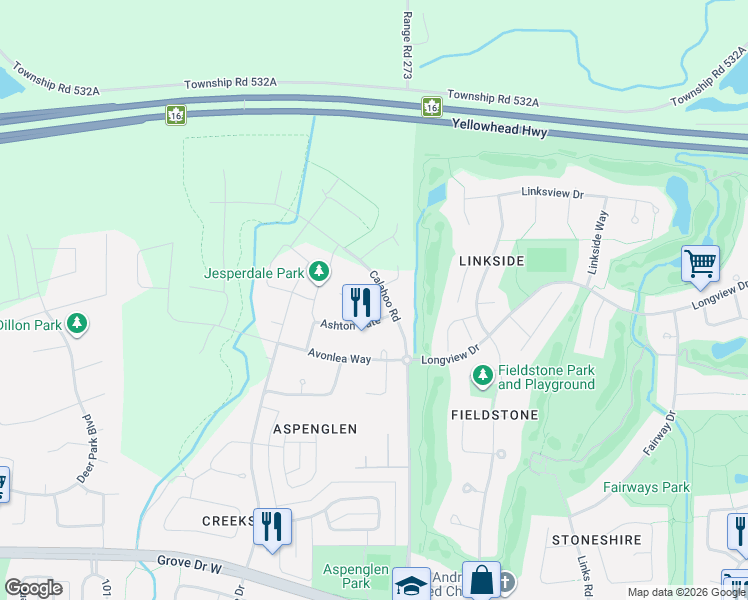 map of restaurants, bars, coffee shops, grocery stores, and more near 1 Ashby Gardens in Spruce Grove