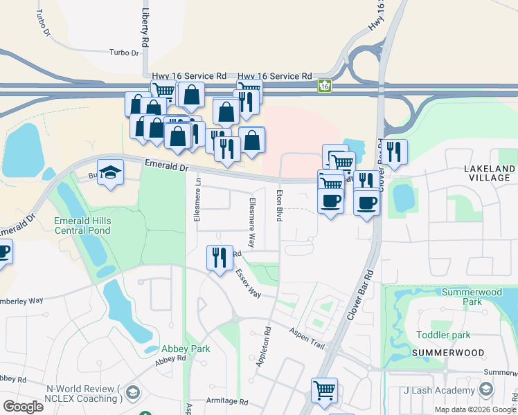 map of restaurants, bars, coffee shops, grocery stores, and more near 7518 Ellesmere Way in Sherwood Park
