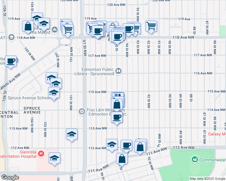 map of restaurants, bars, coffee shops, grocery stores, and more near 11521 95A Street Northwest in Edmonton