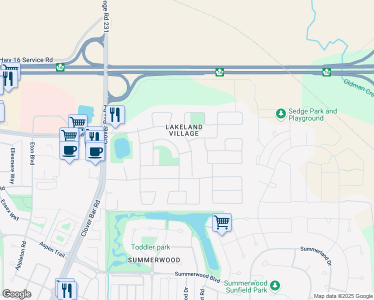 map of restaurants, bars, coffee shops, grocery stores, and more near 1121 Lakeland Village Boulevard in Sherwood Park