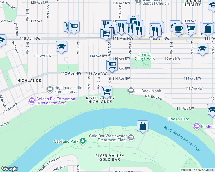 map of restaurants, bars, coffee shops, grocery stores, and more near 11112 50 Street Northwest in Edmonton