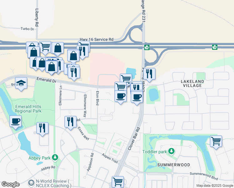 map of restaurants, bars, coffee shops, grocery stores, and more near 8005 Emerald Drive in Sherwood Park
