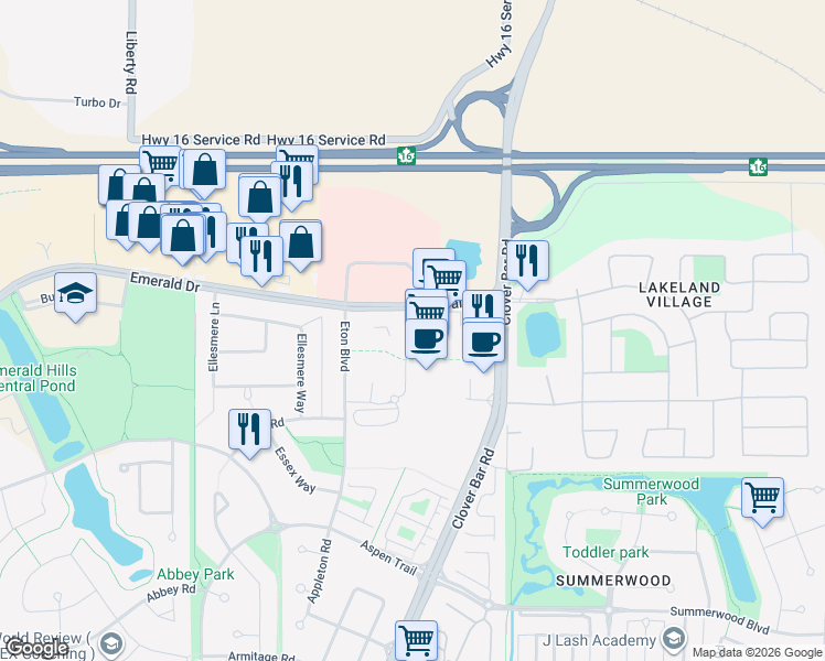 map of restaurants, bars, coffee shops, grocery stores, and more near 8005 Emerald Drive in Sherwood Park