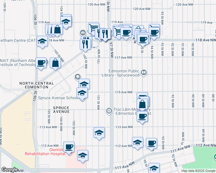 map of restaurants, bars, coffee shops, grocery stores, and more near 11514 97 Street Northwest in Edmonton