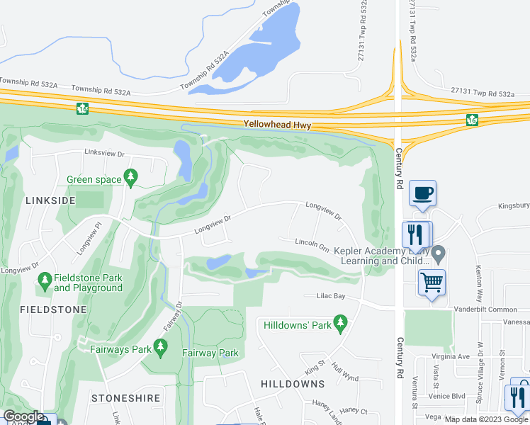 map of restaurants, bars, coffee shops, grocery stores, and more near 59 Longview Drive in Spruce Grove