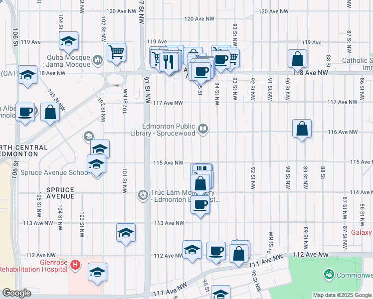 map of restaurants, bars, coffee shops, grocery stores, and more near 11521 95A Street Northwest in Edmonton