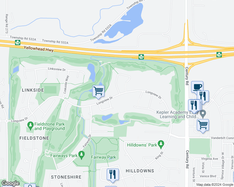 map of restaurants, bars, coffee shops, grocery stores, and more near 96 Longview Point in Spruce Grove