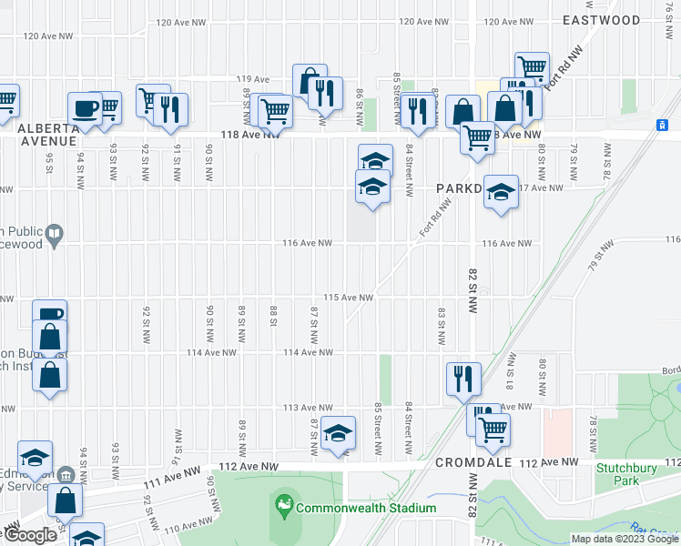 map of restaurants, bars, coffee shops, grocery stores, and more near 11526 86 Street Northwest in Edmonton