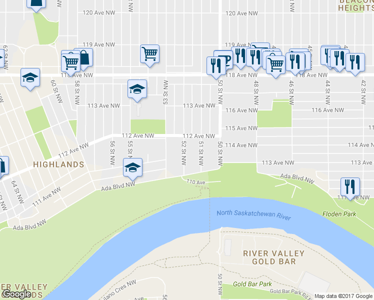 map of restaurants, bars, coffee shops, grocery stores, and more near 11143 52 Street Northwest in Edmonton