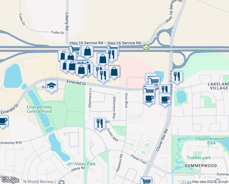 map of restaurants, bars, coffee shops, grocery stores, and more near 7518 Ellesmere Way in Sherwood Park