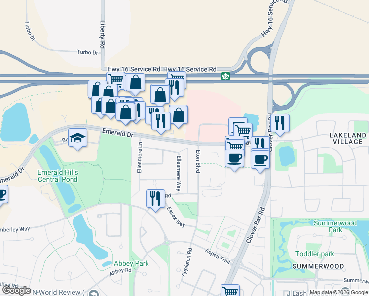 map of restaurants, bars, coffee shops, grocery stores, and more near 7518 Ellesmere Way in Sherwood Park