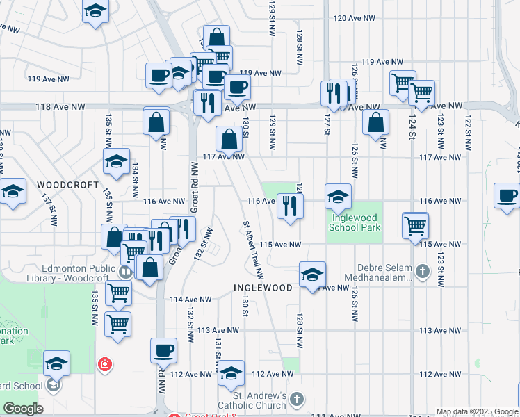 map of restaurants, bars, coffee shops, grocery stores, and more near 13015 116 Avenue Northwest in Edmonton