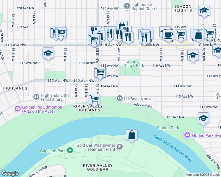 map of restaurants, bars, coffee shops, grocery stores, and more near 4817 114 Avenue Northwest in Edmonton