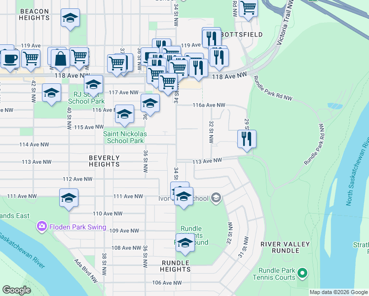 map of restaurants, bars, coffee shops, grocery stores, and more near in Edmonton