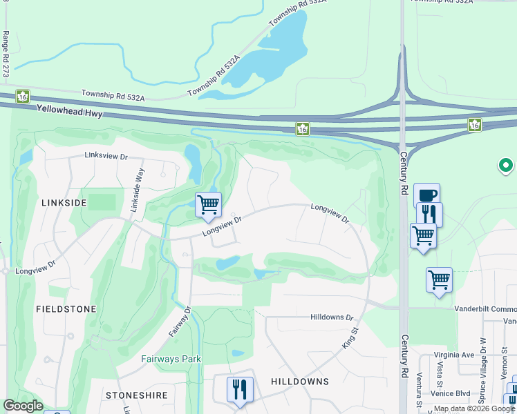 map of restaurants, bars, coffee shops, grocery stores, and more near 96 Longview Point in Spruce Grove