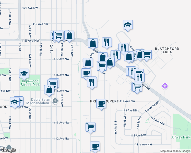 map of restaurants, bars, coffee shops, grocery stores, and more near 11507 120 Street in Edmonton