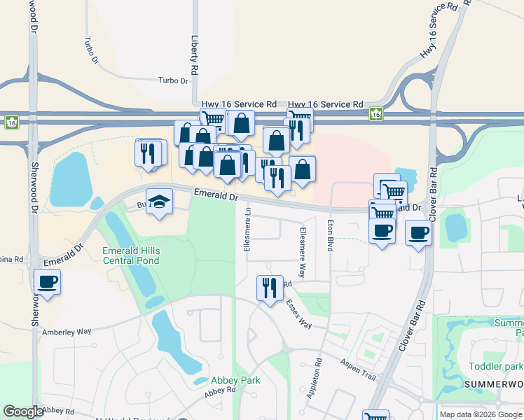 map of restaurants, bars, coffee shops, grocery stores, and more near in Sherwood Park