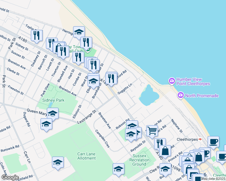 map of restaurants, bars, coffee shops, grocery stores, and more near 269 Grimsby Road in North East Lincolnshire