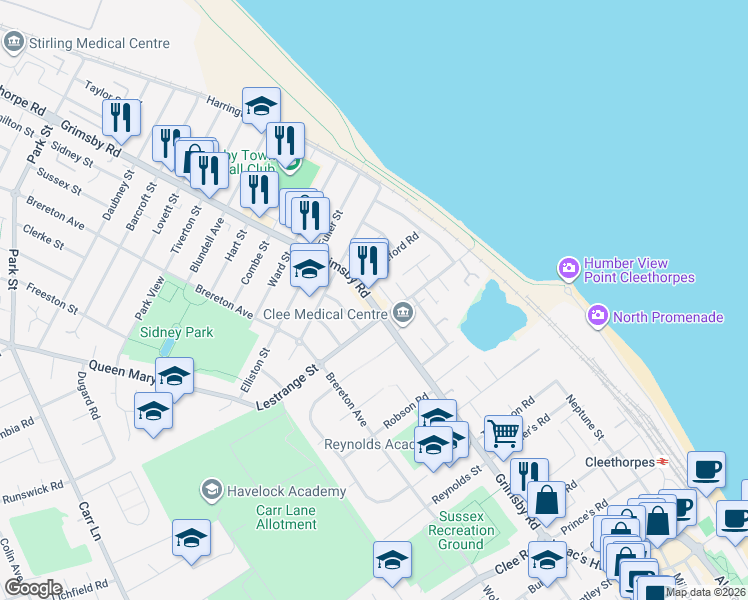 map of restaurants, bars, coffee shops, grocery stores, and more near 269 Grimsby Road in North East Lincolnshire