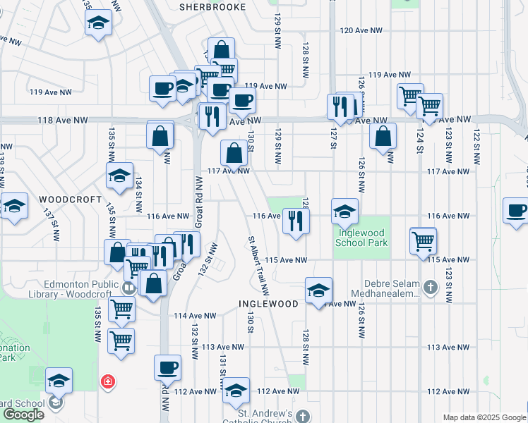 map of restaurants, bars, coffee shops, grocery stores, and more near 13015 116 Avenue Northwest in Edmonton