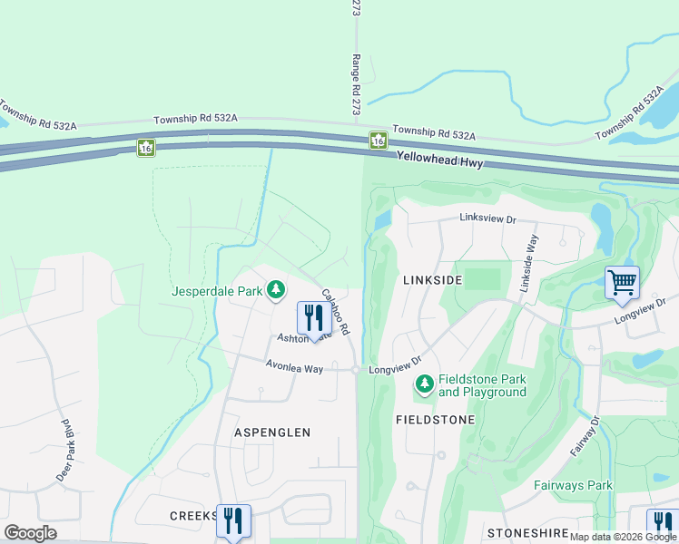 map of restaurants, bars, coffee shops, grocery stores, and more near 1 Ashby Gardens in Spruce Grove