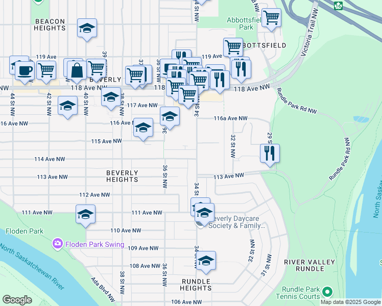 map of restaurants, bars, coffee shops, grocery stores, and more near 11320 34 Street Northwest in Edmonton