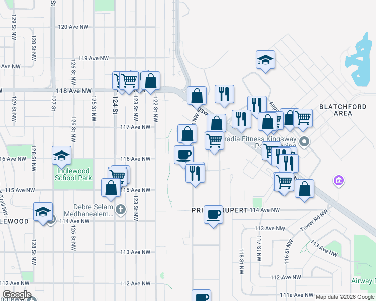 map of restaurants, bars, coffee shops, grocery stores, and more near 11507 120 Street Northwest in Edmonton