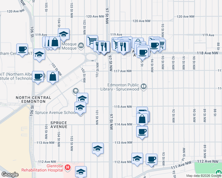 map of restaurants, bars, coffee shops, grocery stores, and more near 97 St NW & 116 Ave NW in Edmonton