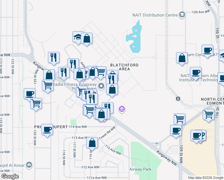 map of restaurants, bars, coffee shops, grocery stores, and more near 29 Airport Road Northwest in Edmonton
