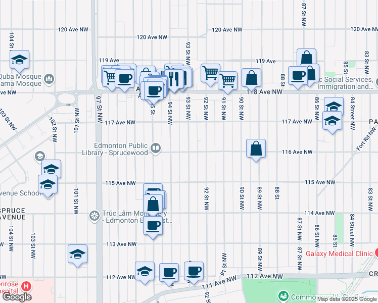 map of restaurants, bars, coffee shops, grocery stores, and more near 93 St NW & 116 Ave NW in Edmonton