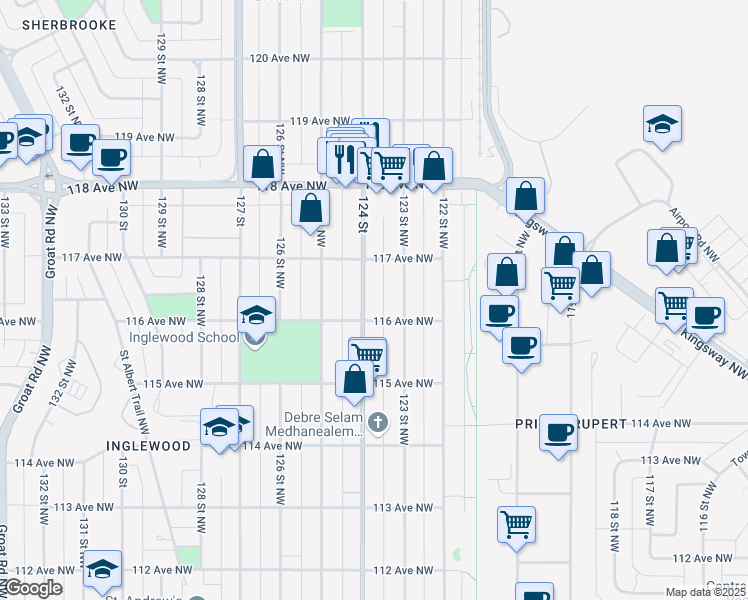 map of restaurants, bars, coffee shops, grocery stores, and more near 11615 124 Street Northwest in Edmonton