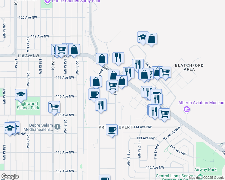 map of restaurants, bars, coffee shops, grocery stores, and more near 11618 119 Street Northwest in Edmonton