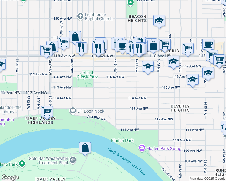 map of restaurants, bars, coffee shops, grocery stores, and more near 11503 44 Street Northwest in Edmonton
