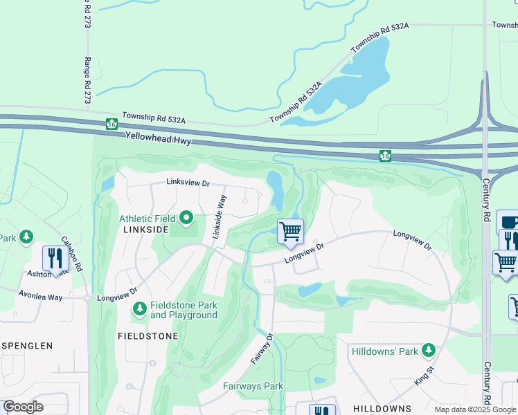 map of restaurants, bars, coffee shops, grocery stores, and more near 110 Linksview Drive in Spruce Grove