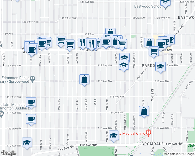 map of restaurants, bars, coffee shops, grocery stores, and more near 11609 88 Street Northwest in Edmonton