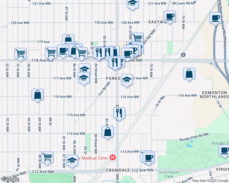 map of restaurants, bars, coffee shops, grocery stores, and more near 11618 82 Street Northwest in Edmonton