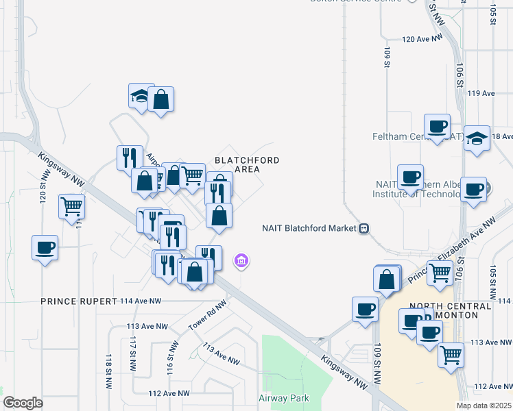 map of restaurants, bars, coffee shops, grocery stores, and more near in Edmonton