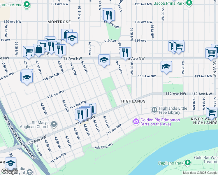 map of restaurants, bars, coffee shops, grocery stores, and more near 6112 113 Avenue Northwest in Edmonton