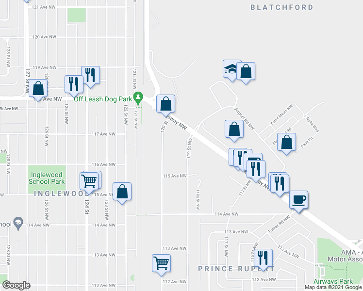 map of restaurants, bars, coffee shops, grocery stores, and more near 11618 119 Street Northwest in Edmonton