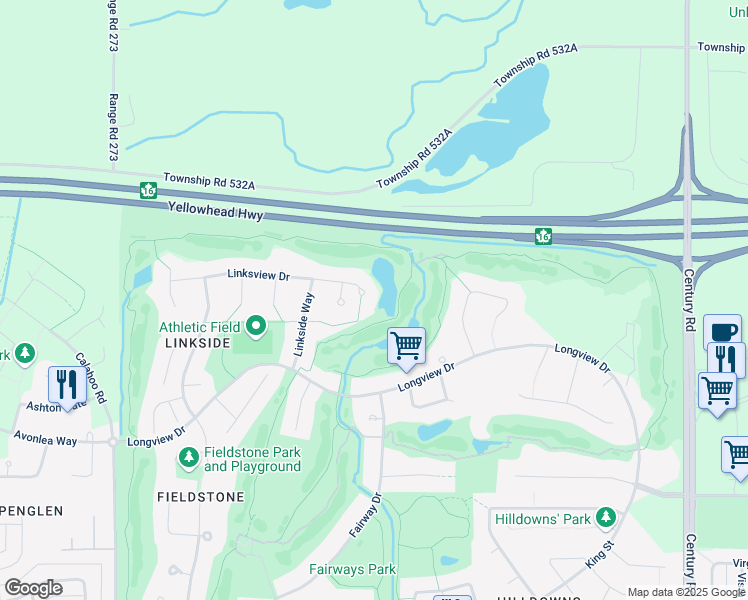 map of restaurants, bars, coffee shops, grocery stores, and more near 110 Linksview Drive in Spruce Grove