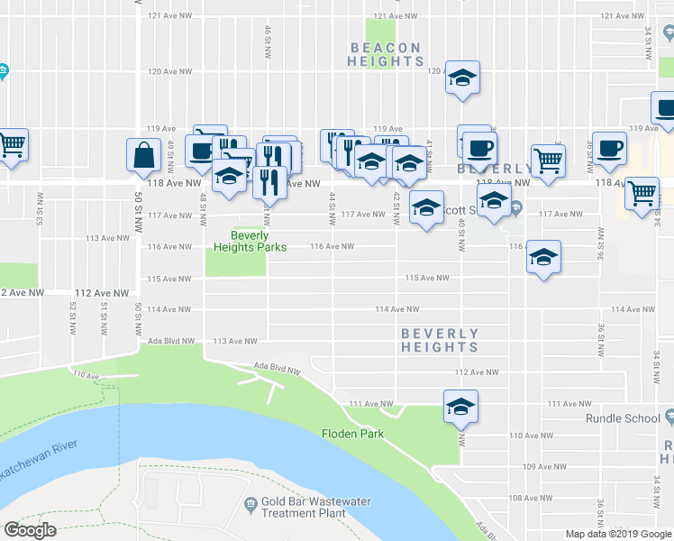 map of restaurants, bars, coffee shops, grocery stores, and more near 11503 44 Street Northwest in Edmonton